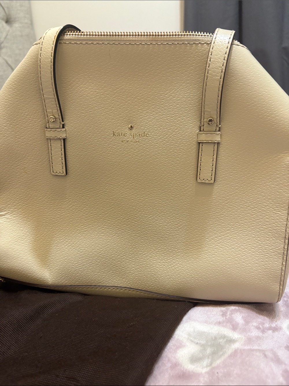 kate spade Cream Pebbled Leather Tote with Gold Logo